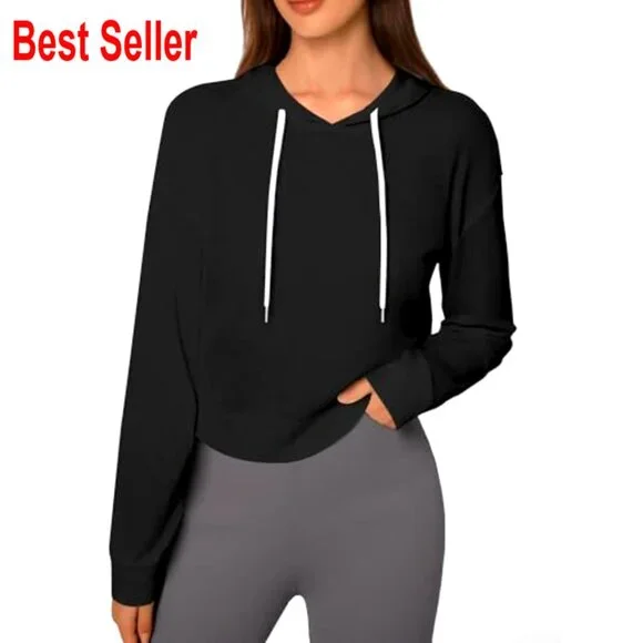 Backless Cropped Hoodie Open Back Workout Activewear Pullover Long Sleeve - Picture 3 of 6